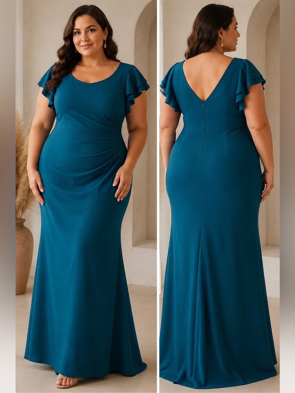 JESSICA HOWARD Plus Size 14 Teal Mermaid Silhouette Gown PLEATED FLUTTER SLEEVES